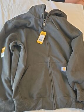 Carhartt Olive Zip Front Hooded Sweatshirt with Logo Patch Rain Defender